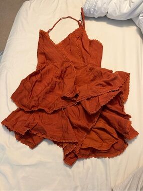 Hello Molly Rust Orange Slip Dress with Scalloped Trim